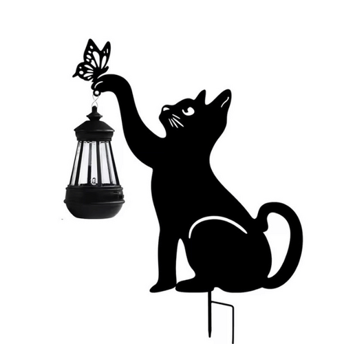 Garden Decoration Cat With Battery Lamp Black